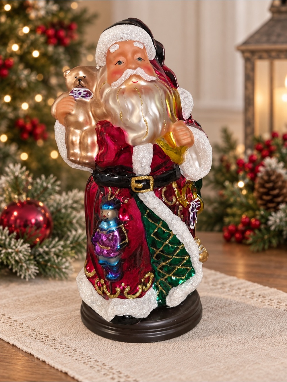 Thomas Pacconi Classics 14” Santa Teddy Bear Blown Glass Figurine Wood Base